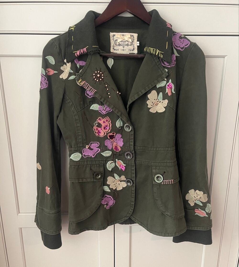 Sugar lips Olive Green Embroidered Blazer Jacket Floral Sequin Y2K Boho Sz S
